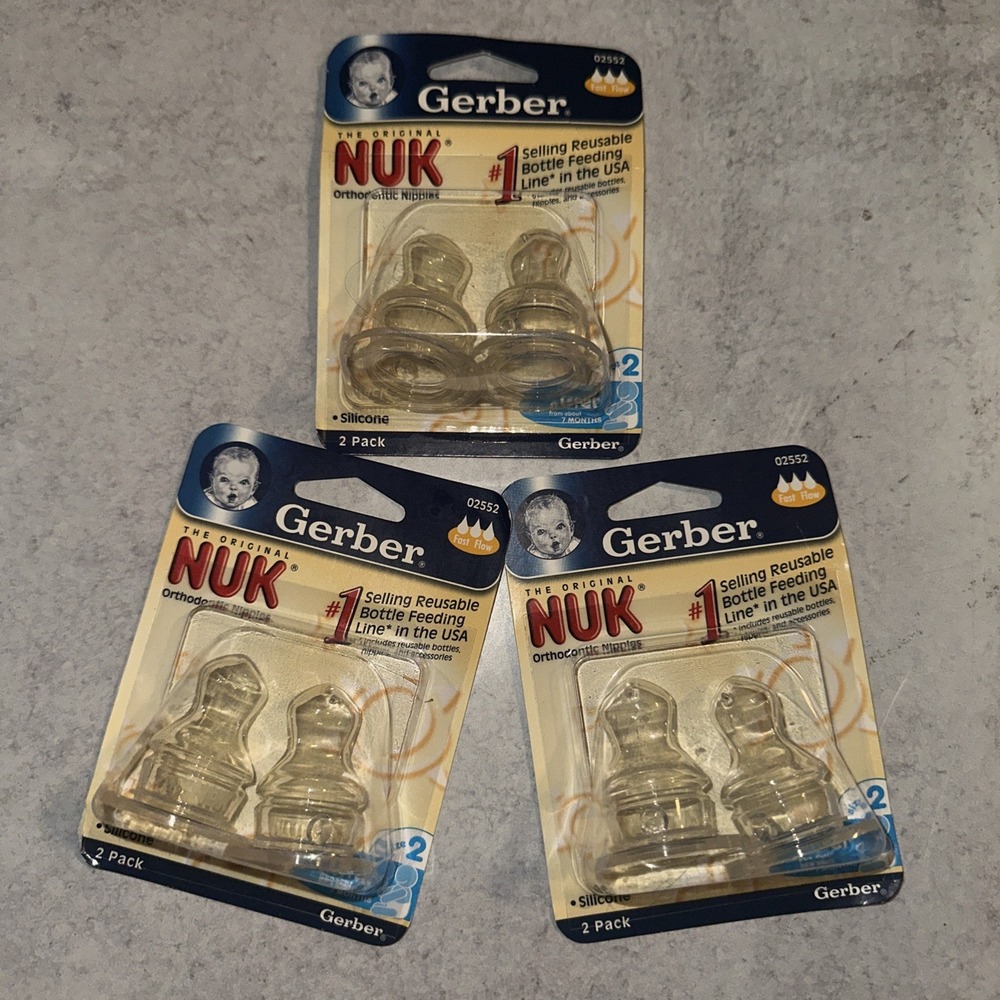 3 Packs Of 2 Gerber Nuk Silicone Fast Flow Sz 2 Sitter From 7 month Vintage